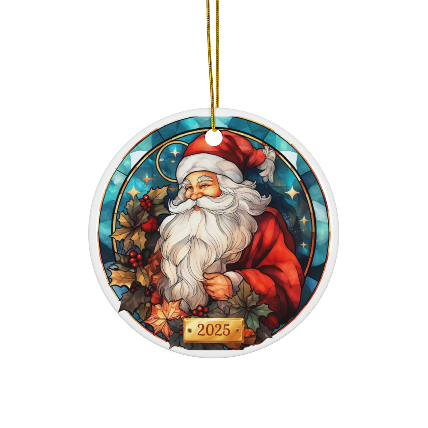 Festive Santa Ceramic Ornament - Holiday Decor, Christmas Tree Decoration, Gift for Family, 2025 Keepsake, Stained Glass Style