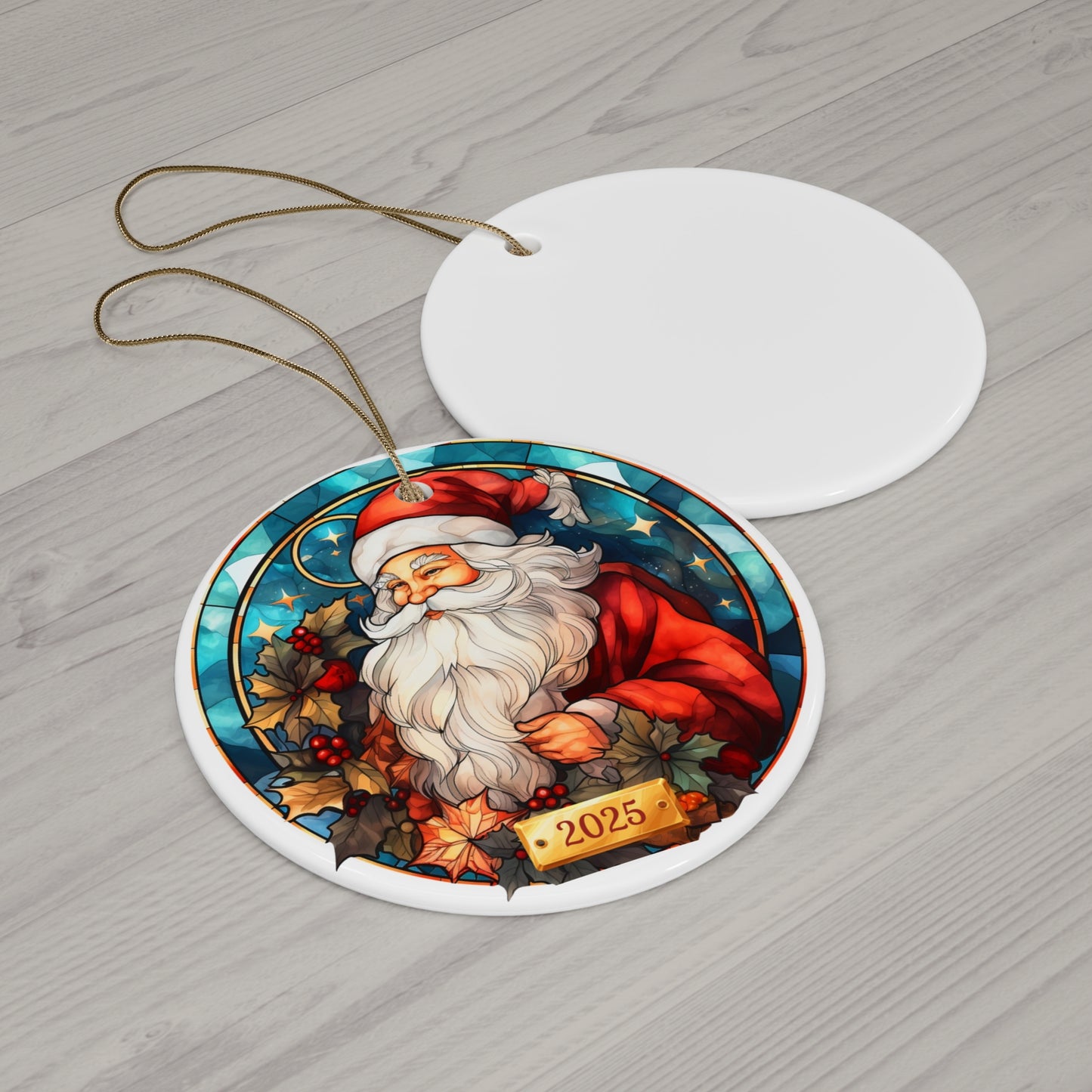 Festive Santa Ceramic Ornament - Holiday Decor, Christmas Tree Decoration, Gift for Family, 2025 Keepsake, Stained Glass Style