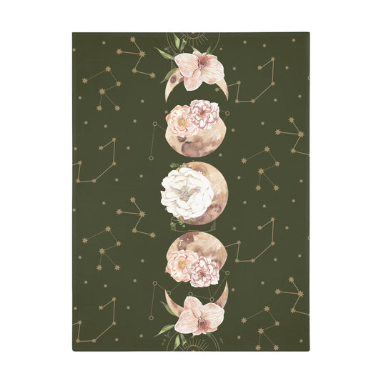 Celestial Floral Fleece Blanket, Cozy Throw for Astrology Lovers, Moon Phases Blanket, Boho Decor, Gift for Her